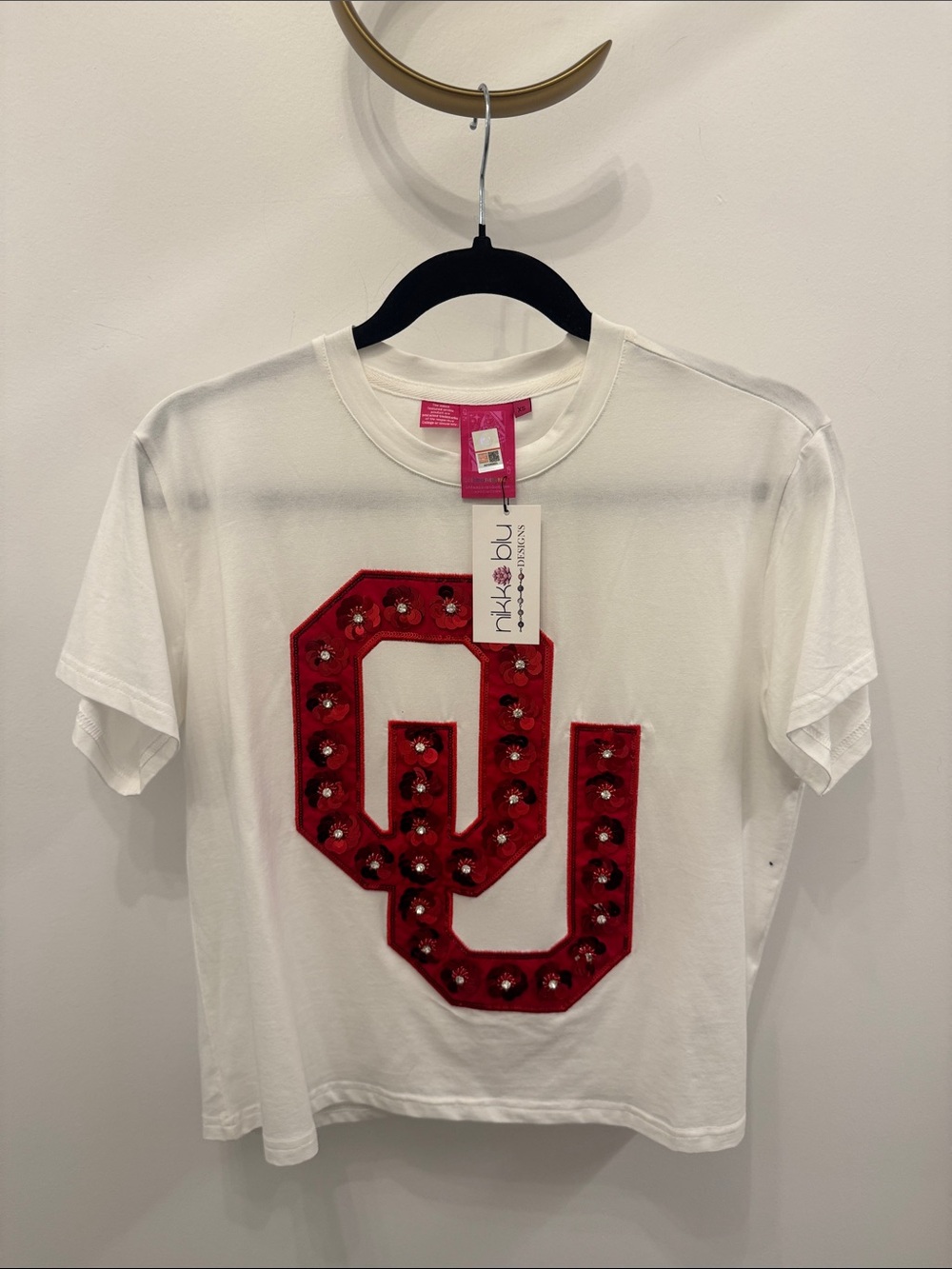 QUEEN OF SPARKLES White Tee with Red Embellished Logo